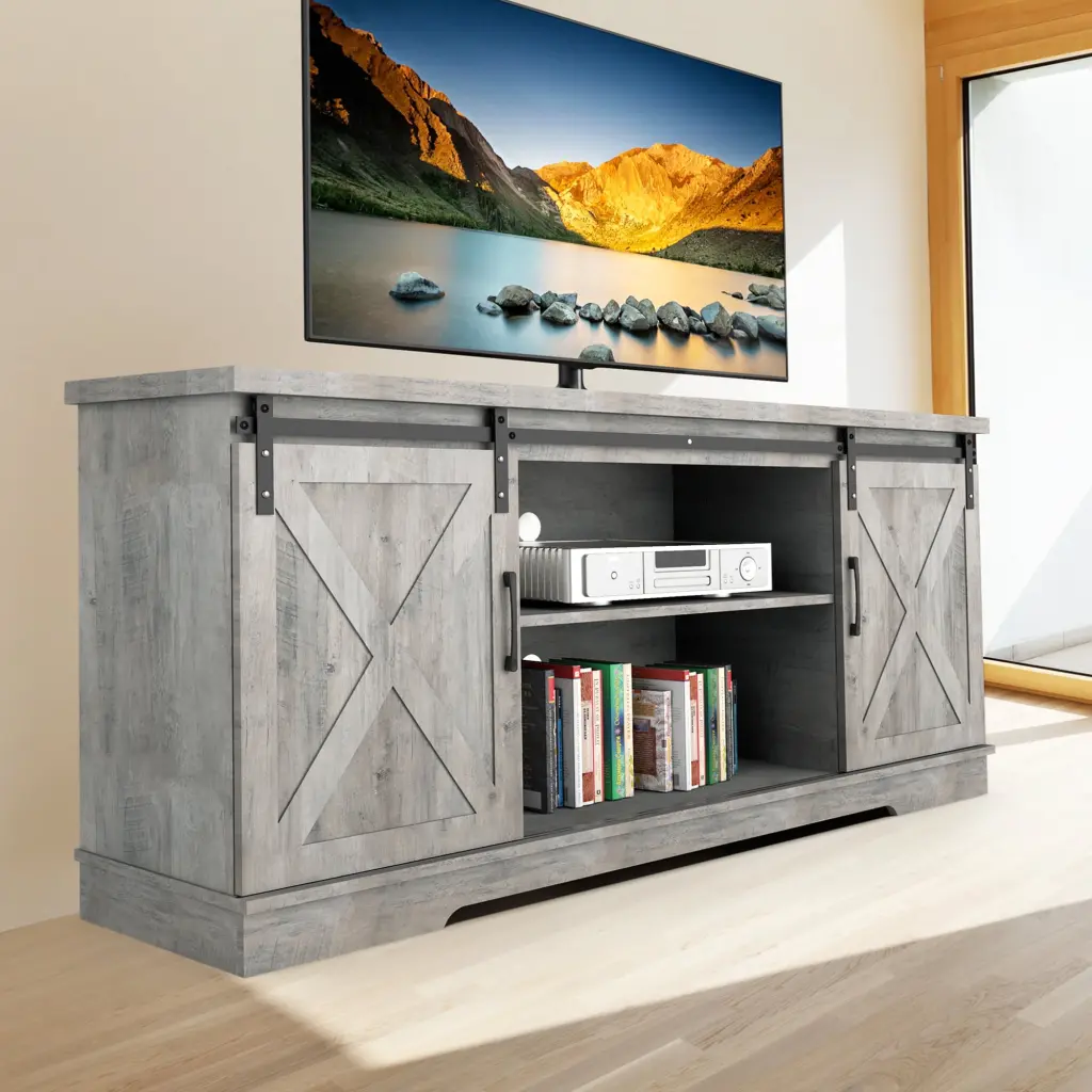 Modern Farmhouse Sliding Barn Door TV Stand 65 Inch TVs 59 Inch Entertainment Center Eastvita