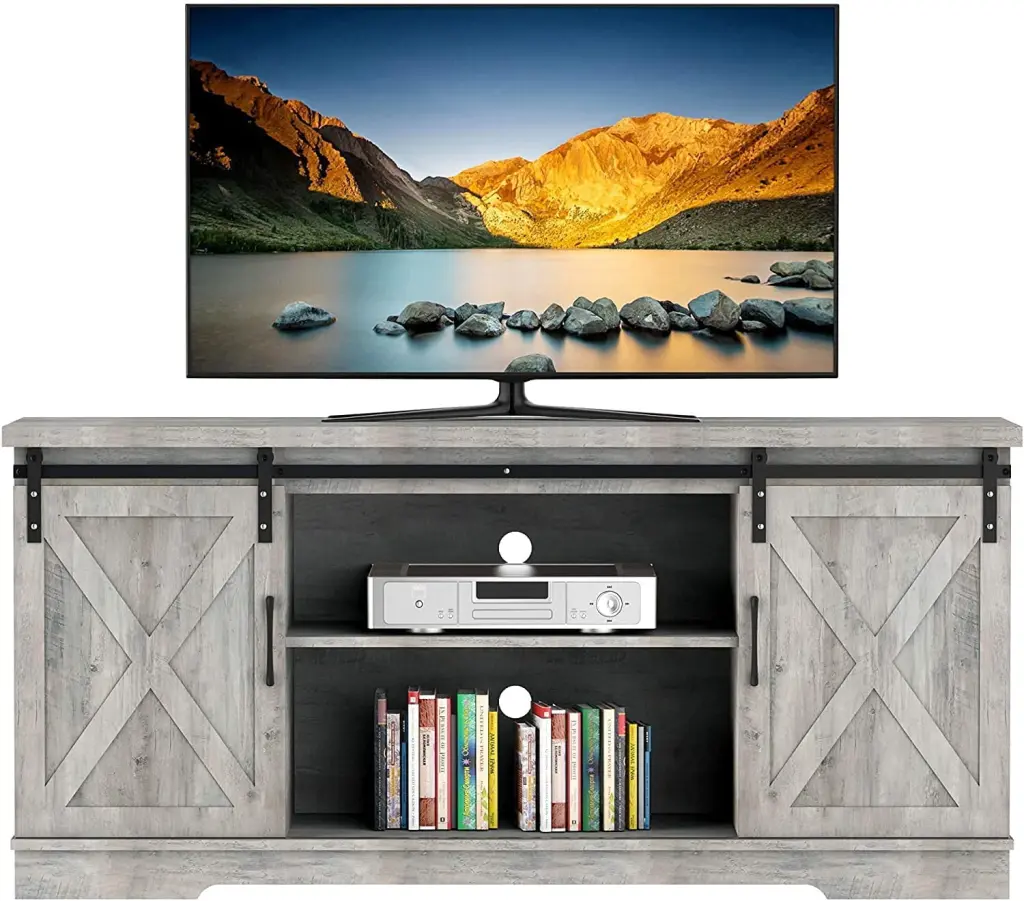 Farmhouse Sliding Barn Door TV Stand 65 Inch TV Living Room Storage Table Movable Shelf Brown FairStar