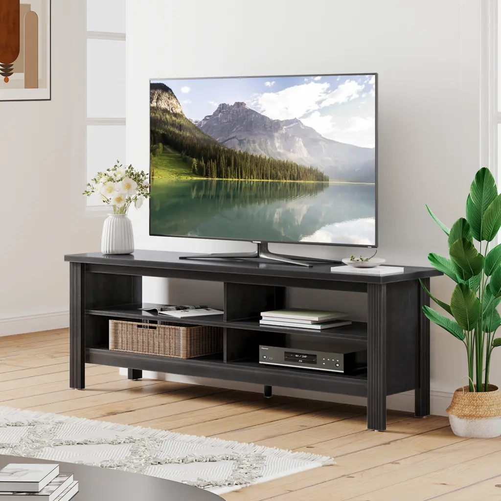 Black Wood Farmhouse TV Cabinet 55-60 Inch TVs 4 Cubby Storage Living Room FITUEYES