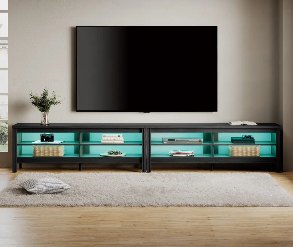 Farmhouse TV Stand 100 inch TV Entertainment Center Wood TV Media Console Table RGB LED Light 80/85/90 inch TV 8 Storages ...