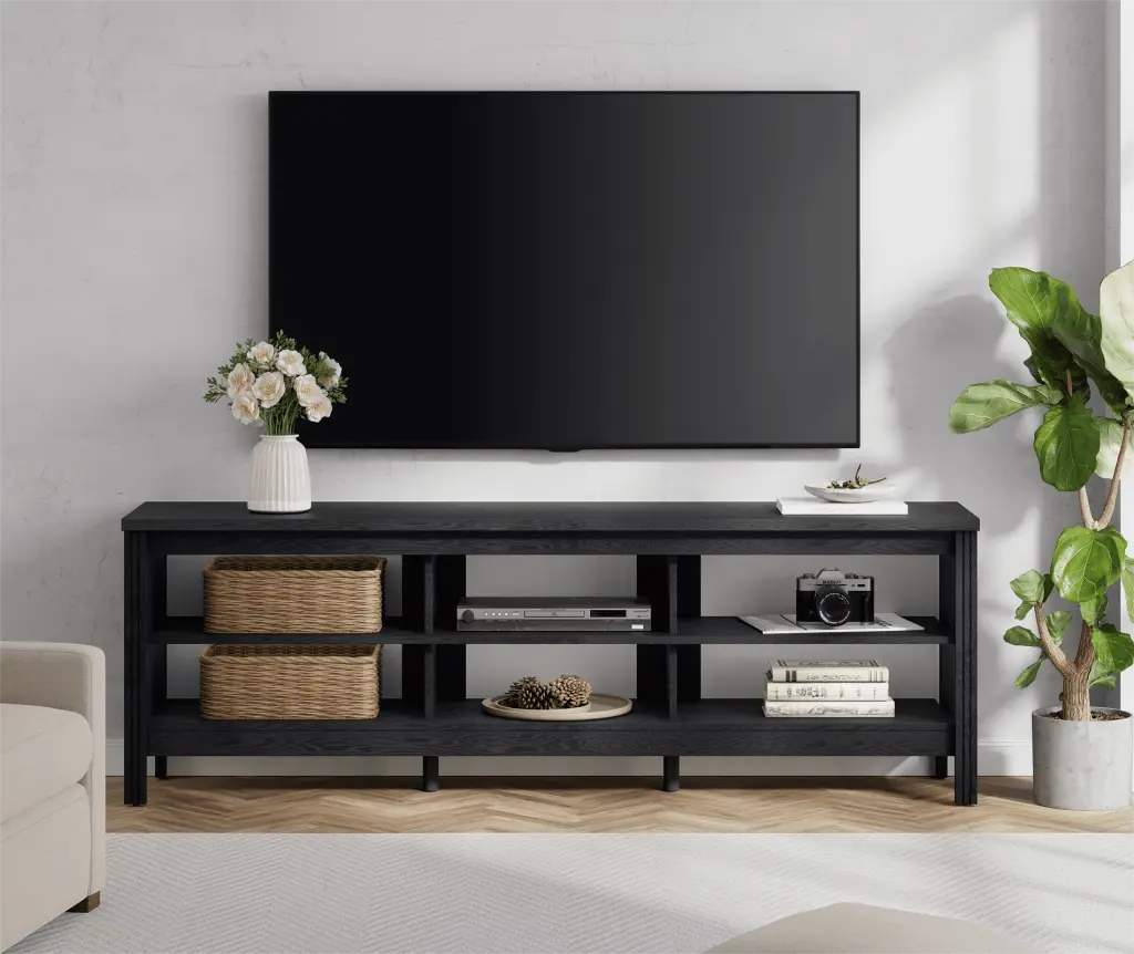 Farmhouse TV Stand Black Entertainment Center 6 Storage 75 Inch TV FITUEYES