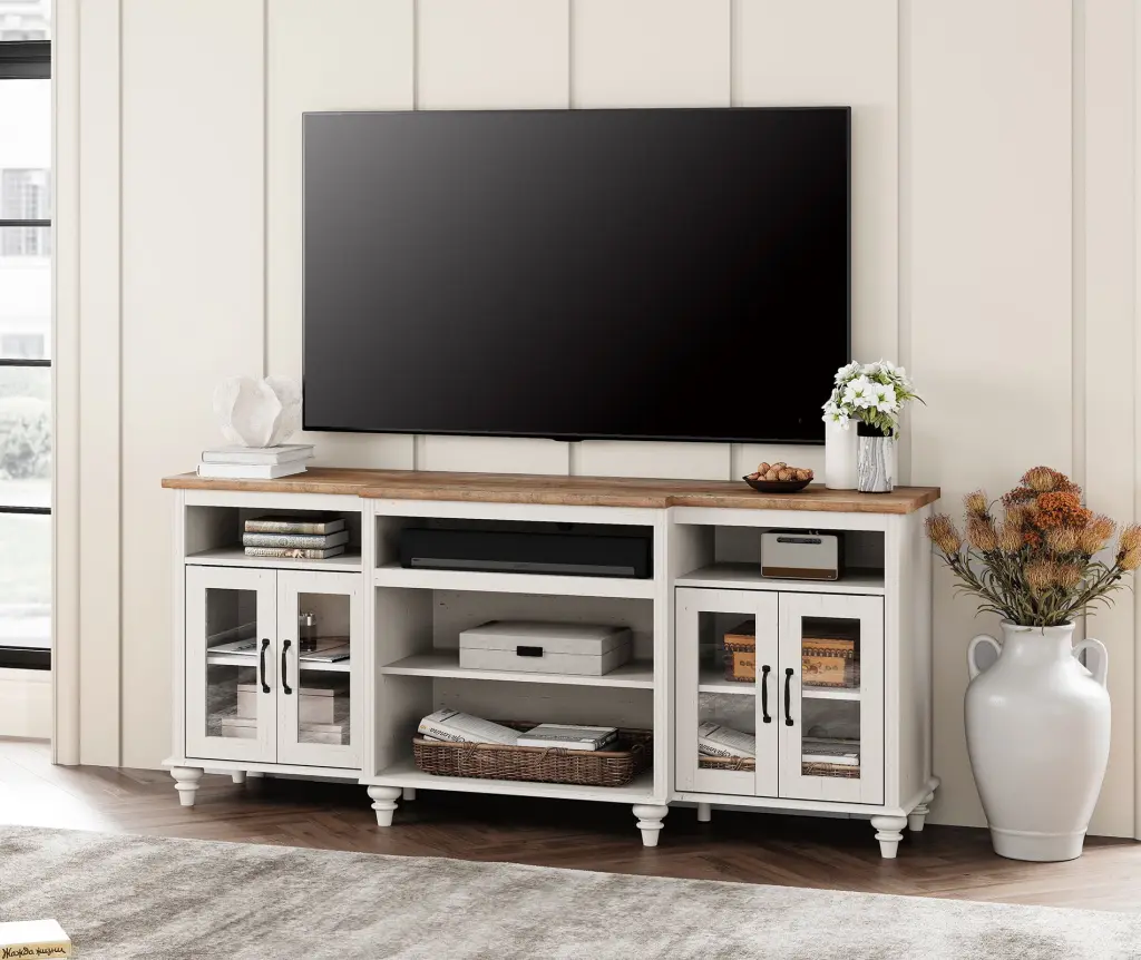 Farmhouse TV Stand 4 Glass Doors Highboy Entertainment Center 75 inch TVs Antique White FITUEYES