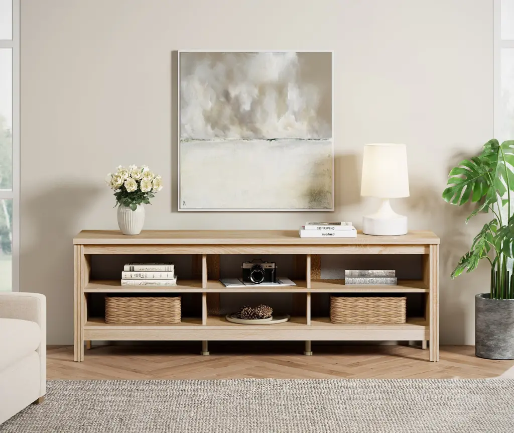Farmhouse TV Stand 75 inch TV Wood Entertainment Center 6 Storage Shelves Oak Living Room Bedroom FITUEYES