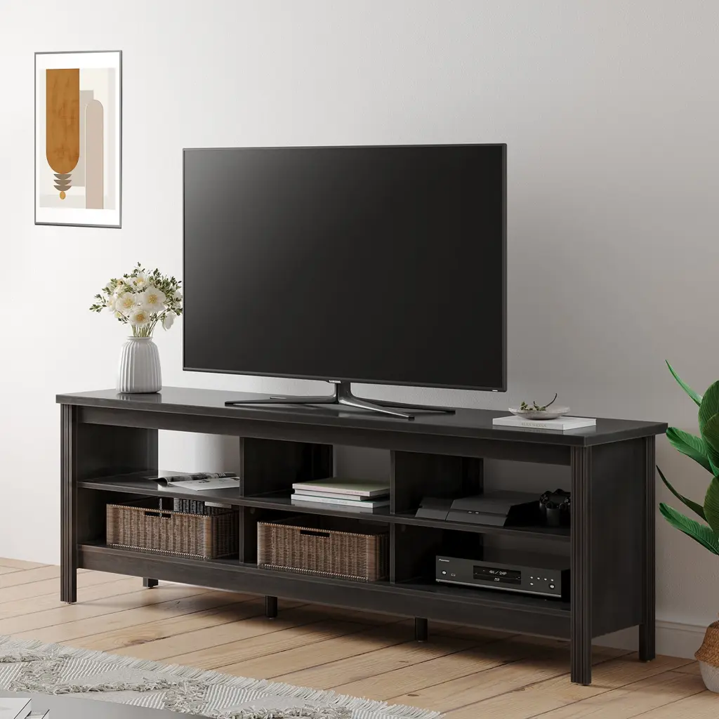Farmhouse TV Stand 75 Inch TV Wood Media Console Storage Entertainment Center Black 70 Inches FITUEYES