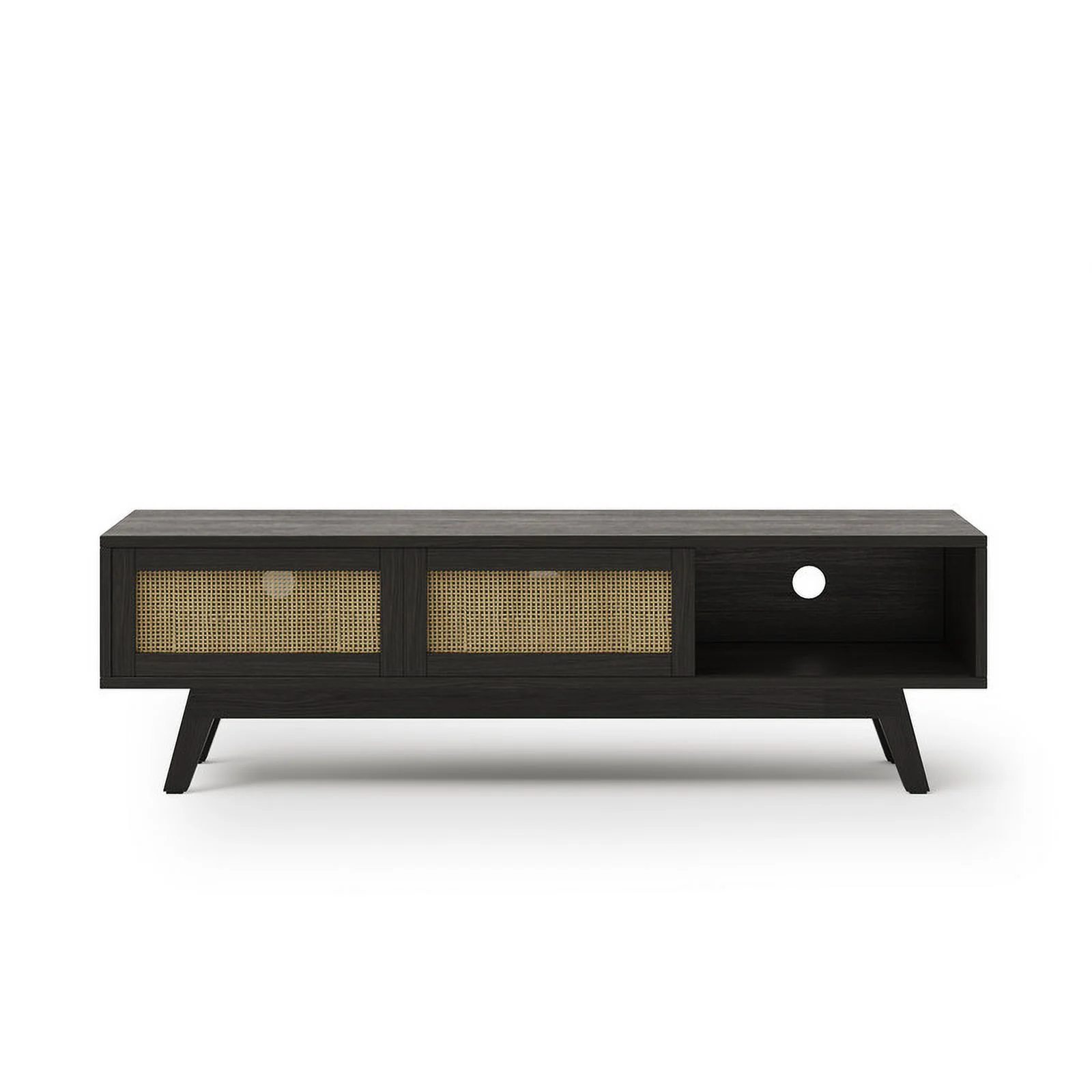 GetYes 59 Inch Farmhouse Boho TV Stand Rattan Sliding Doors up to 65 Inch TVs Black