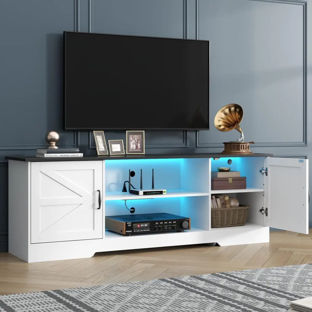 Farmhouse TV Stand 65 Inch TV Power Outlet LED Light Entertainment Center TV Media Console Cabinet Loomie