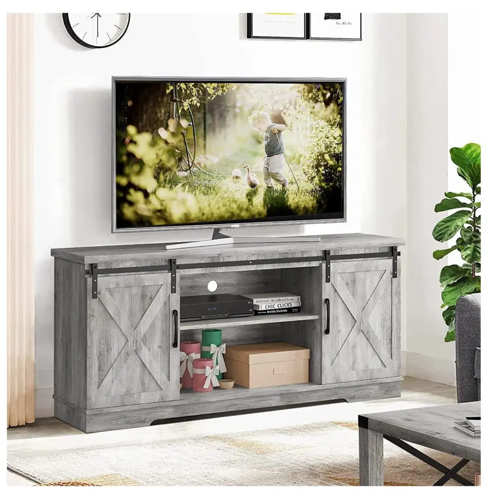 Farmhouse TV Stand Sliding Barn Doors 65 Inch TVs Grey Wood Entertainment Center Movable Shelf Lwory