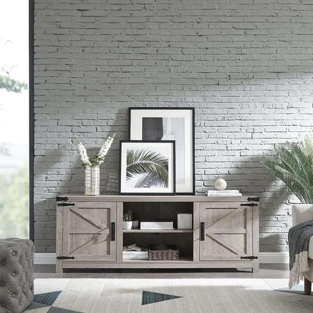 OKD Farmhouse Grey Wash TV Stand Storage Cabinets TVs up to 75 Inches