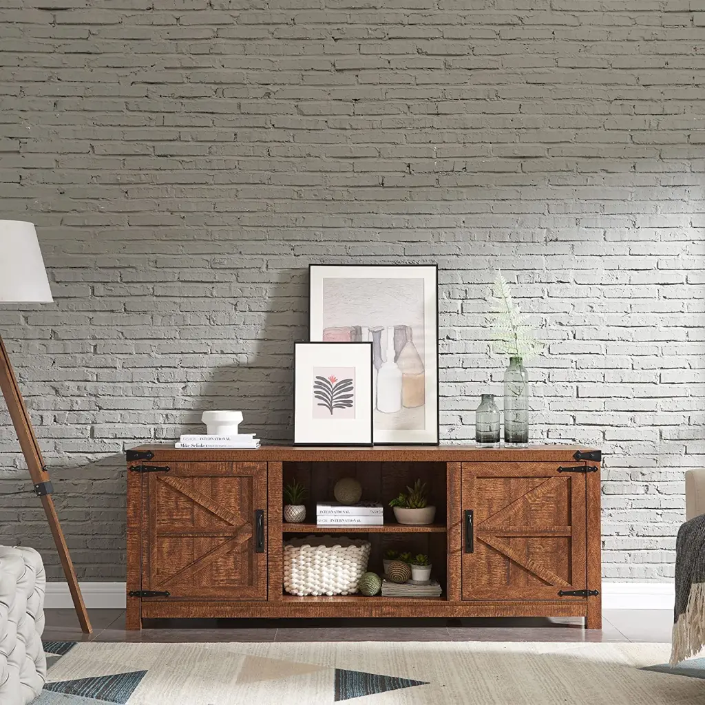 OKD Farmhouse Living Room TV Stand Storage Cabinets and Barn Door TVs up to 75 inches Reclaimed Barnwood
