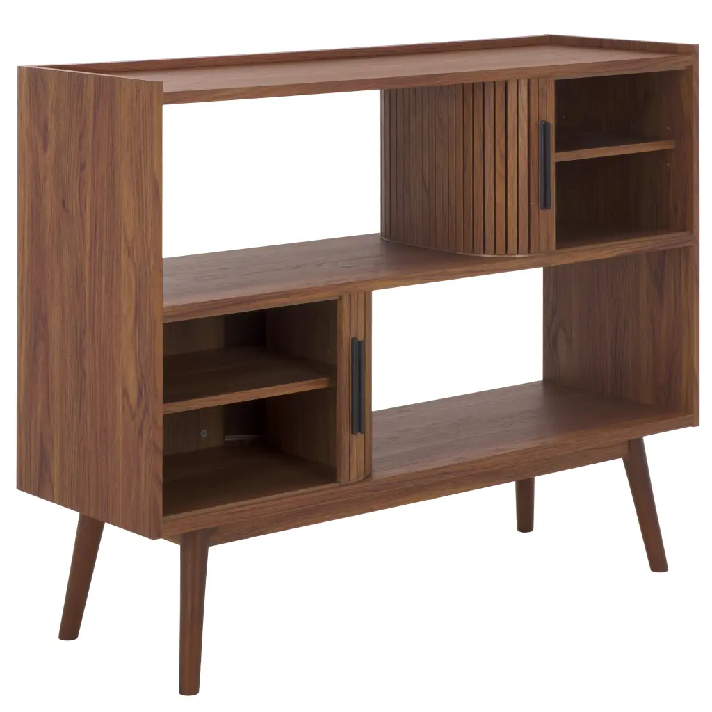 SAFAVIEH Javante Farmhouse Tambour Door Media Stand Walnut, 43.3 Inch Wide TV Console