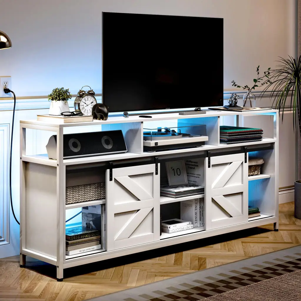 TC-HOMENY RGB Entertainment Center Sliding Barn Door TV Stand 65 Inch TV Adjustable Shelves Farmhouse Style White