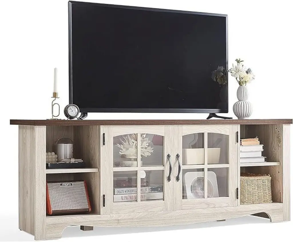 Farmhouse TV Stand 65 Inch TV Glass Door Storage Cabinet and Adjustable Shelves TJXYYDS