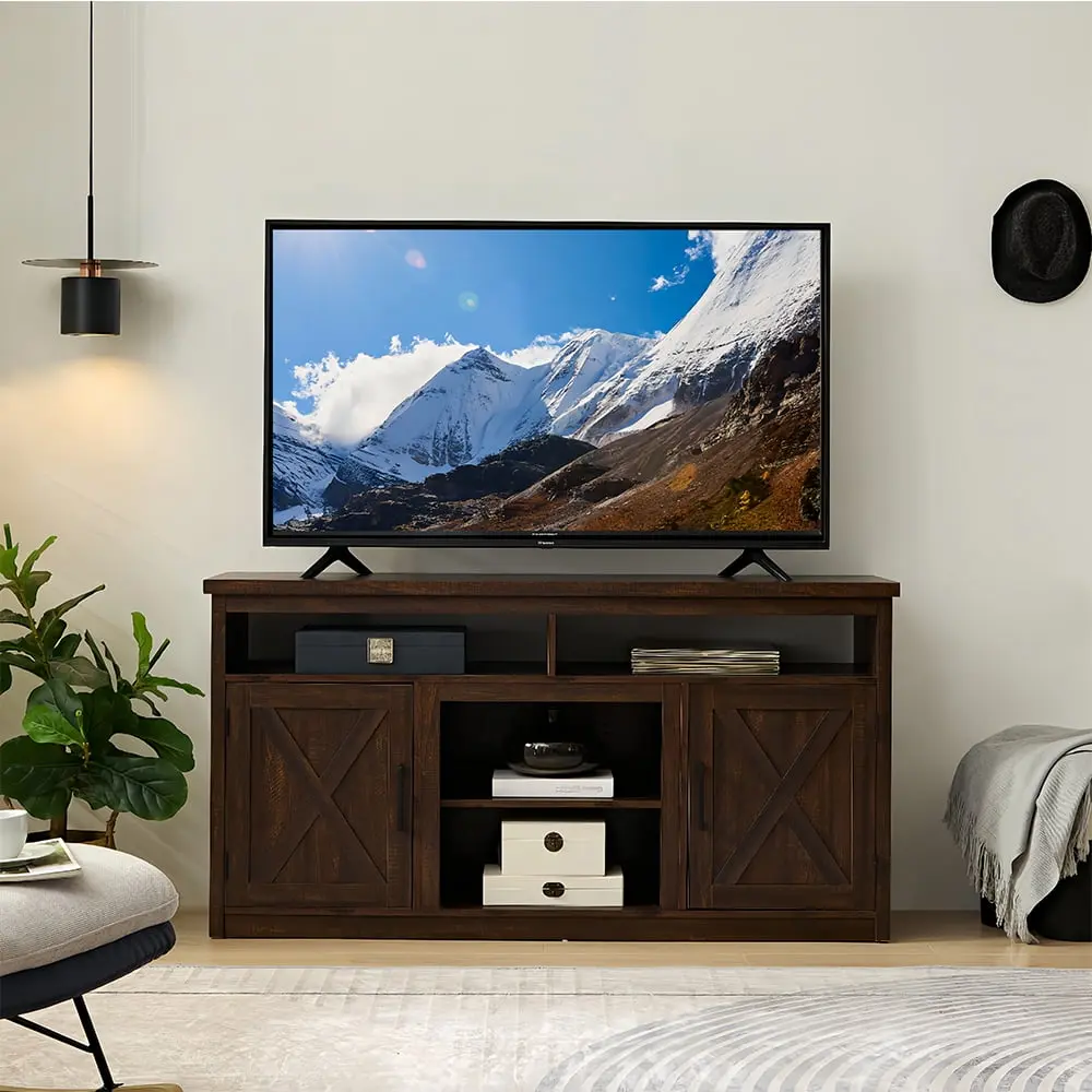 Topetray Farmhouse Barn Door TV Media Stand Open and Closed Storage TVs up to 65 Inches