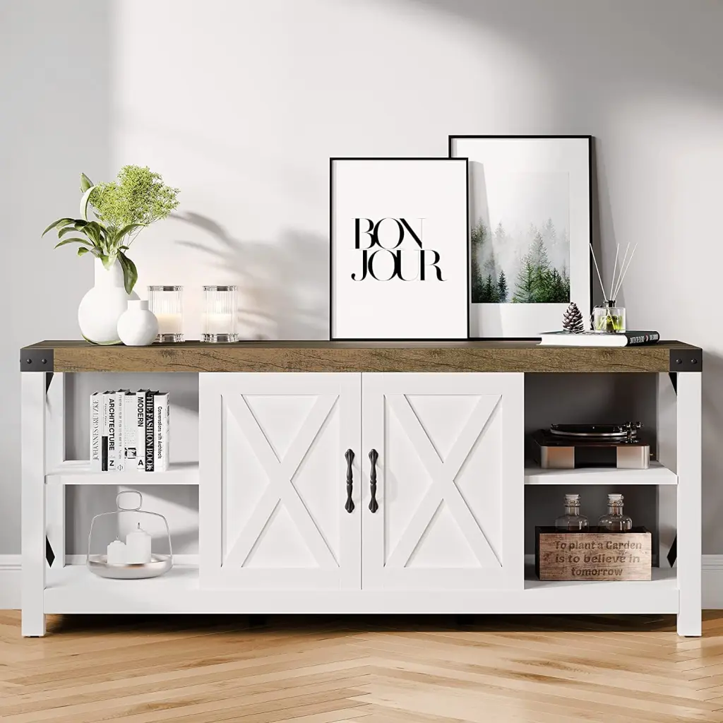 59 Inch White Farmhouse TV Stand TV up to 65 Inches 3-Tier Adjustable Shelves Storage Cabinet Twister.CK