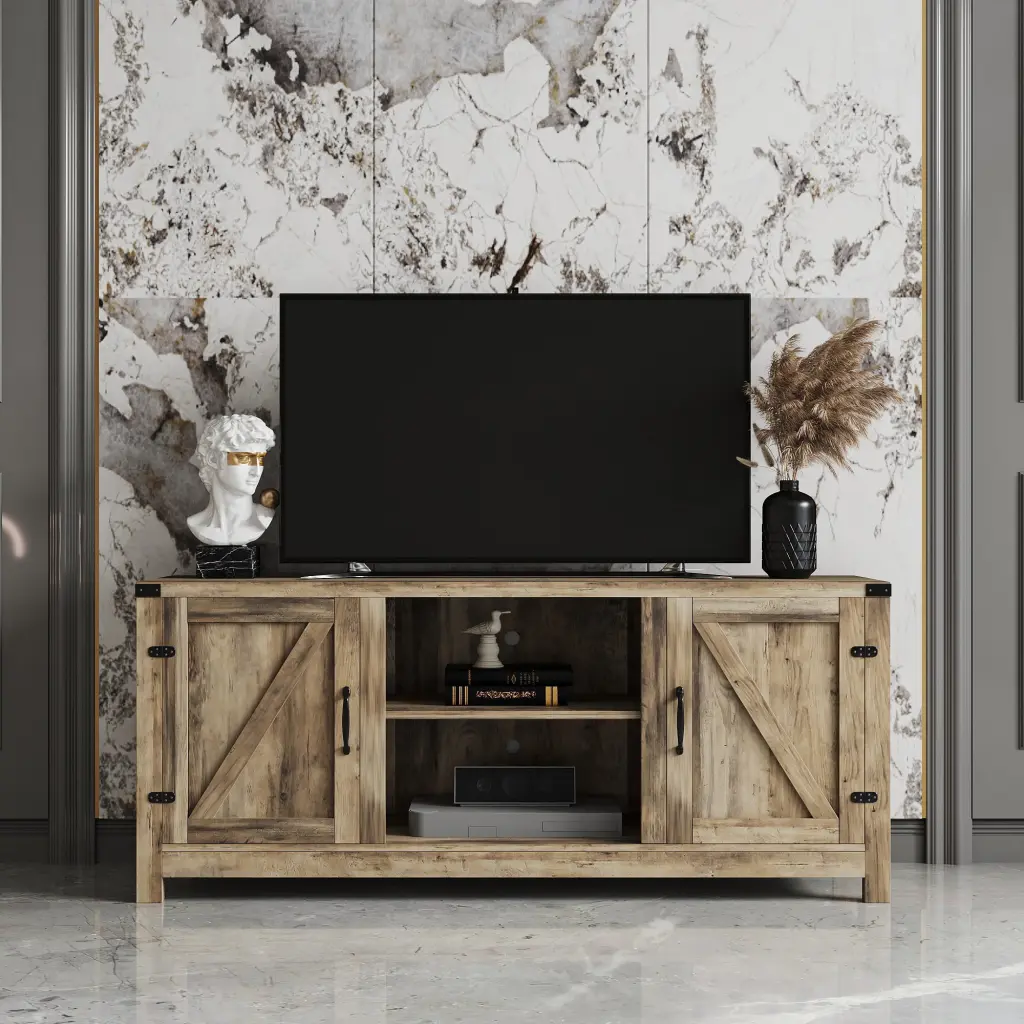 Vebreda Modern Farmhouse TV Stand - Rustic Barn Two-Door TV Cabinet TVs up to 65 Inches Gray Wash
