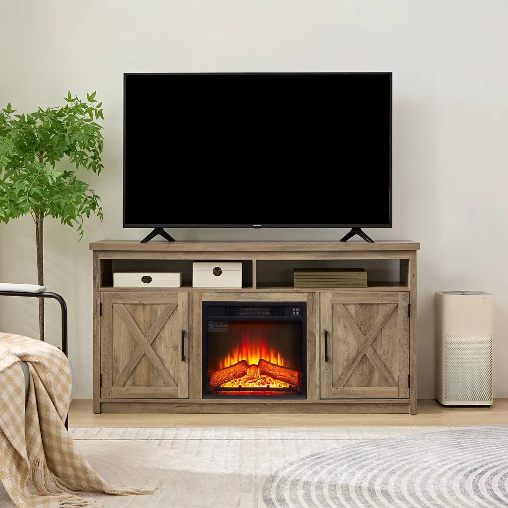 Farmhouse TV Media Stand Large Barn Inspired Home Entertainment Console 18 Fireplace Insert TV Up to 65 Inch Gray Wash Vir...