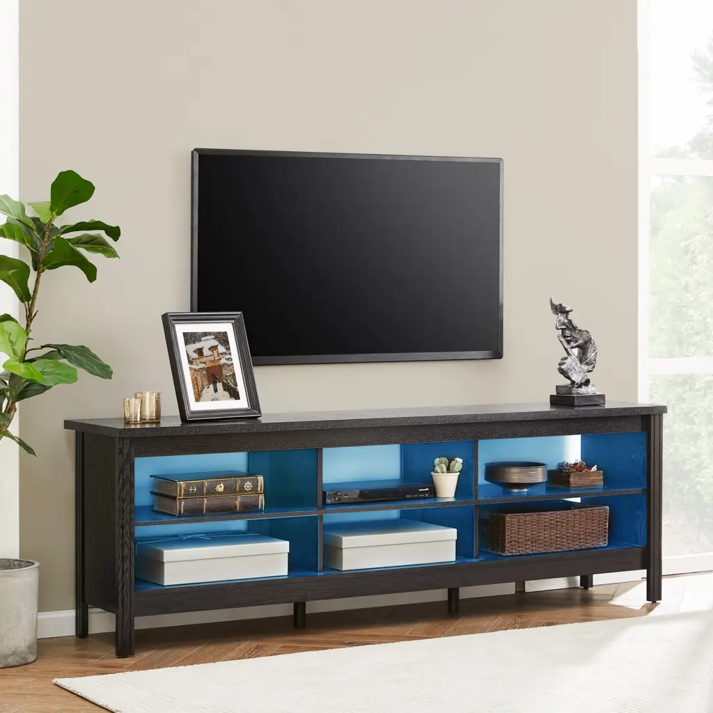 Black LED TV Stand 75 Inch TV Farmhouse TV Cabinet 6 Storages Living Room TV Console Table Entertainment Center 70 Inch Wa...