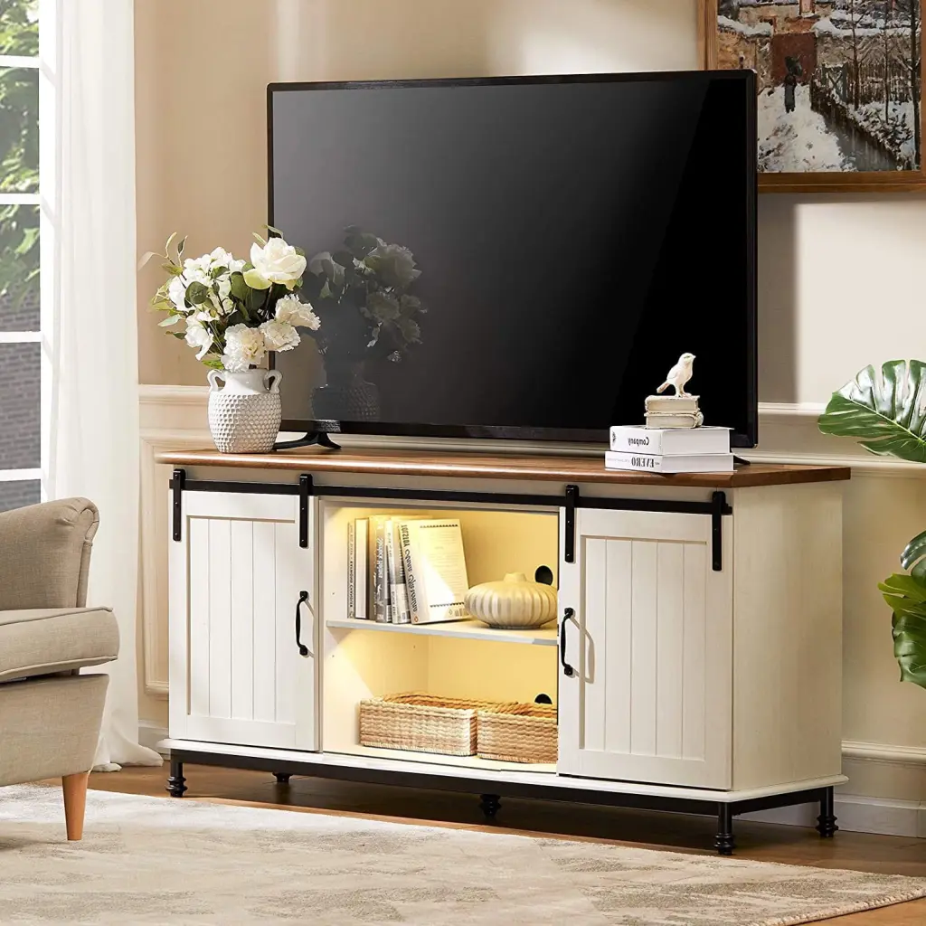 Farmhouse TV Stand 65 Inch TV Sliding Barn Doors and Yellow Light - White Wood Entertainment Center Adjustable Shelves Wampat