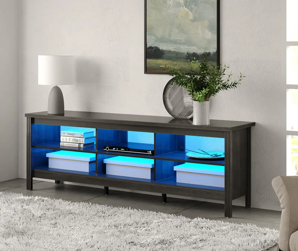 Farmhouse Wood TV Cabinet 6 Cubby Storage 80 Inch TVs Black Living Room or Bedroom Wampat