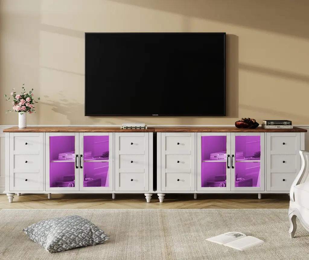 Glass Door TV Stand 16 Lights - Farmhouse Modern TV Stand TVs up to 110 Inches - White Entertainment Center Wampat