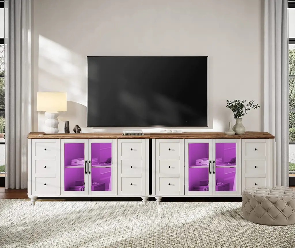 WAMPAT 116 Inch Farmhouse LED Light TV Stand Up to 110 Inch TV Glass and Wood Media Center