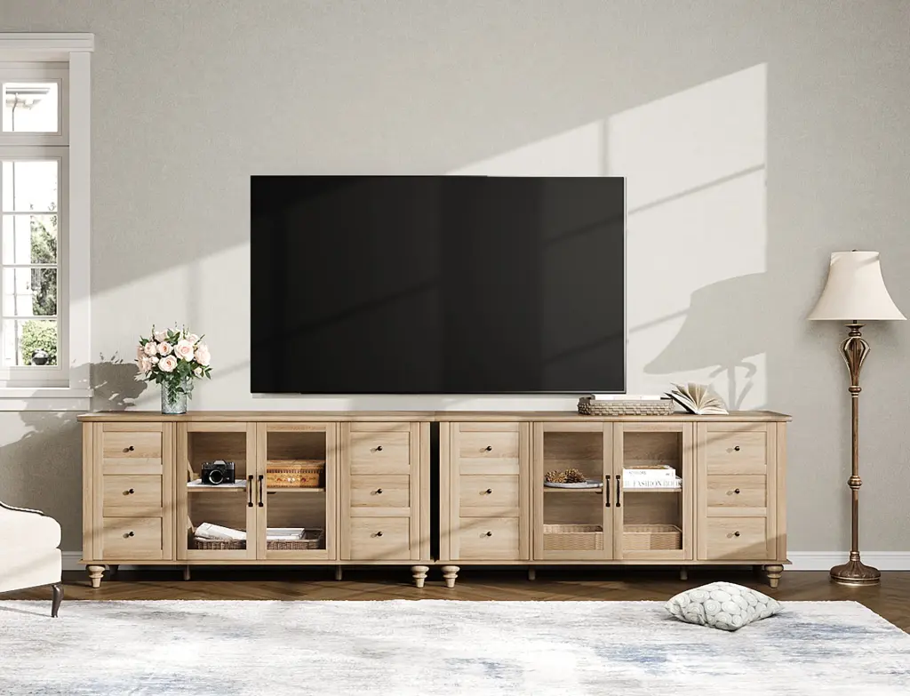 WAMPAT 116 Inch Farmhouse TV Stand TVs Up to 110 Inches - Glass and Wood Universal TV Stand Storage Cabinets