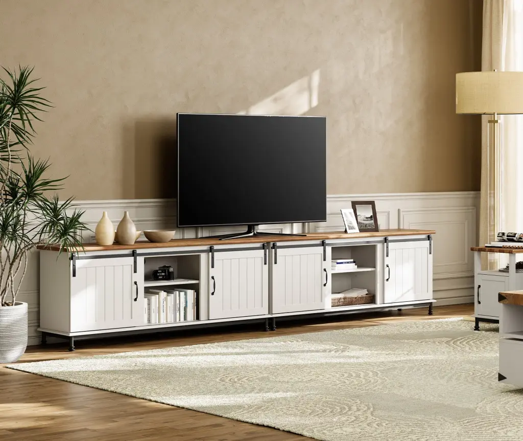 WAMPAT 140 Inch Farmhouse Sliding Barn Door TV Stand Storage Cabinet and Adjustable Shelves Cream White