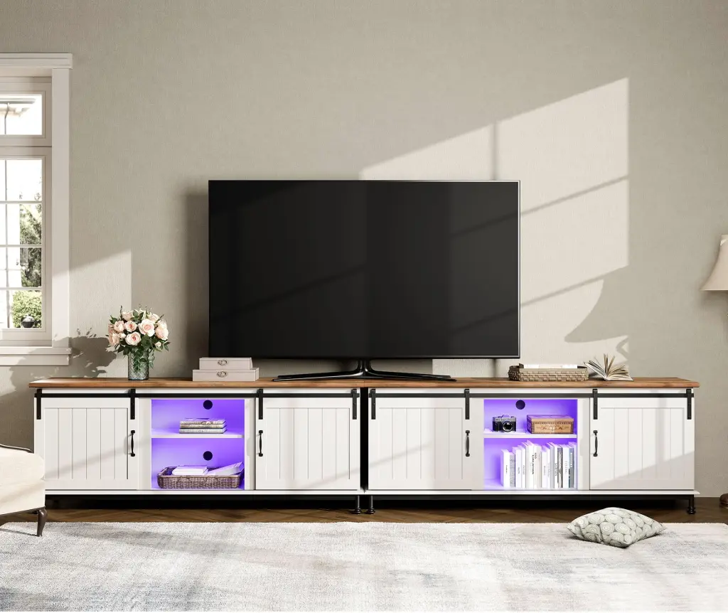 WAMPAT 140 Inch Farmhouse TV Stand Colorful Lights and Sliding Barn Doors TVs up to 110 Inches