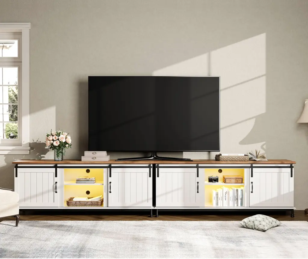 WAMPAT 140 Inch Farmhouse TV Stand Sliding Barn Doors and Adjustable Shelves TVs up to 100 Inches