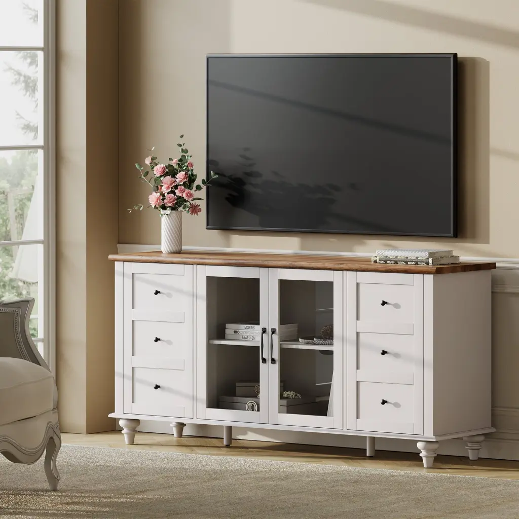 WAMPAT 4-Door Farmhouse TV Stand 65 Inch TVs Glass and Wood Storage Cabinets White Entertainment Center