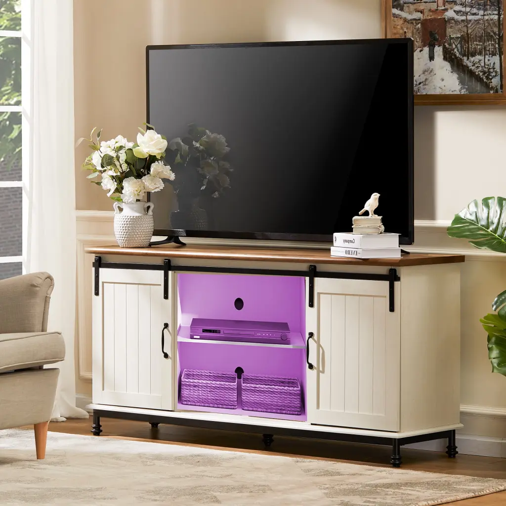 WAMPAT Colorful Lights Farmhouse TV Stand Sliding Barn Door - Entertainment Center TV Up to 75 Inch