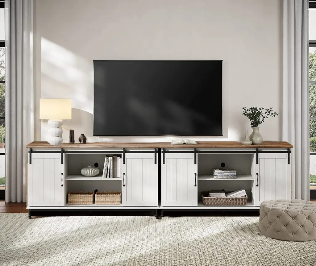 WAMPAT Farmhouse TV Stand Up to 110 Inch TV Sliding Barn Door Wood Entertainment Center