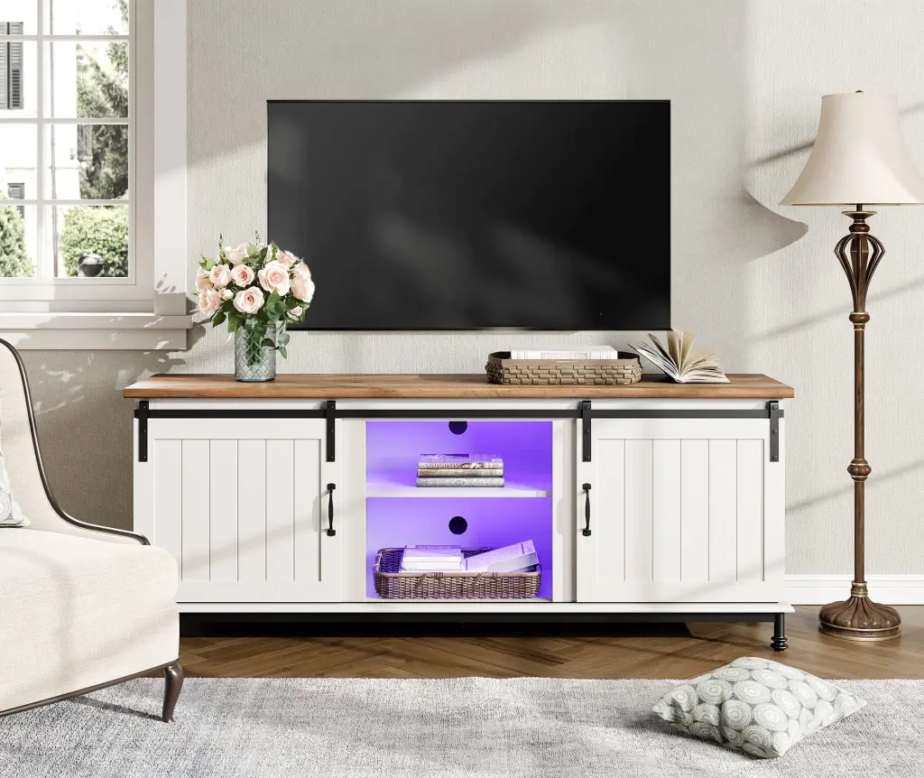 WAMPAT 70'' Farmhouse TV Stand Colorful Lights and Sliding Barn Door TV Up to 75 Inch