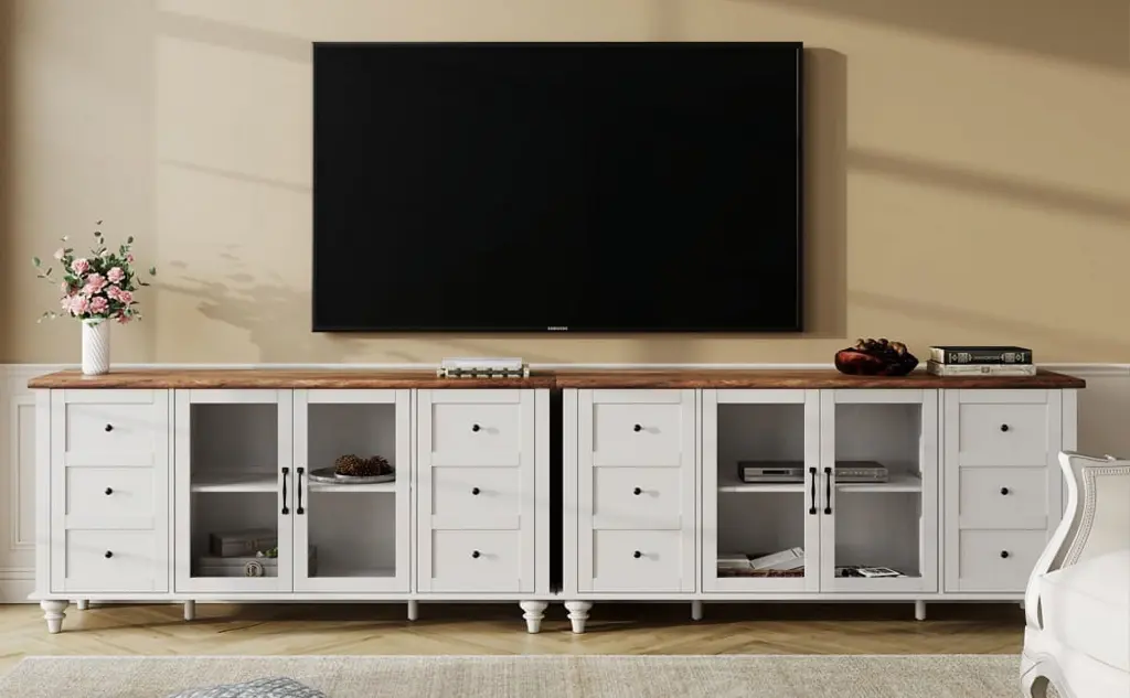 WAMPAT Glass Door Farmhouse TV Stand 85-110 Inch TVs WhiteOak Entertainment Center