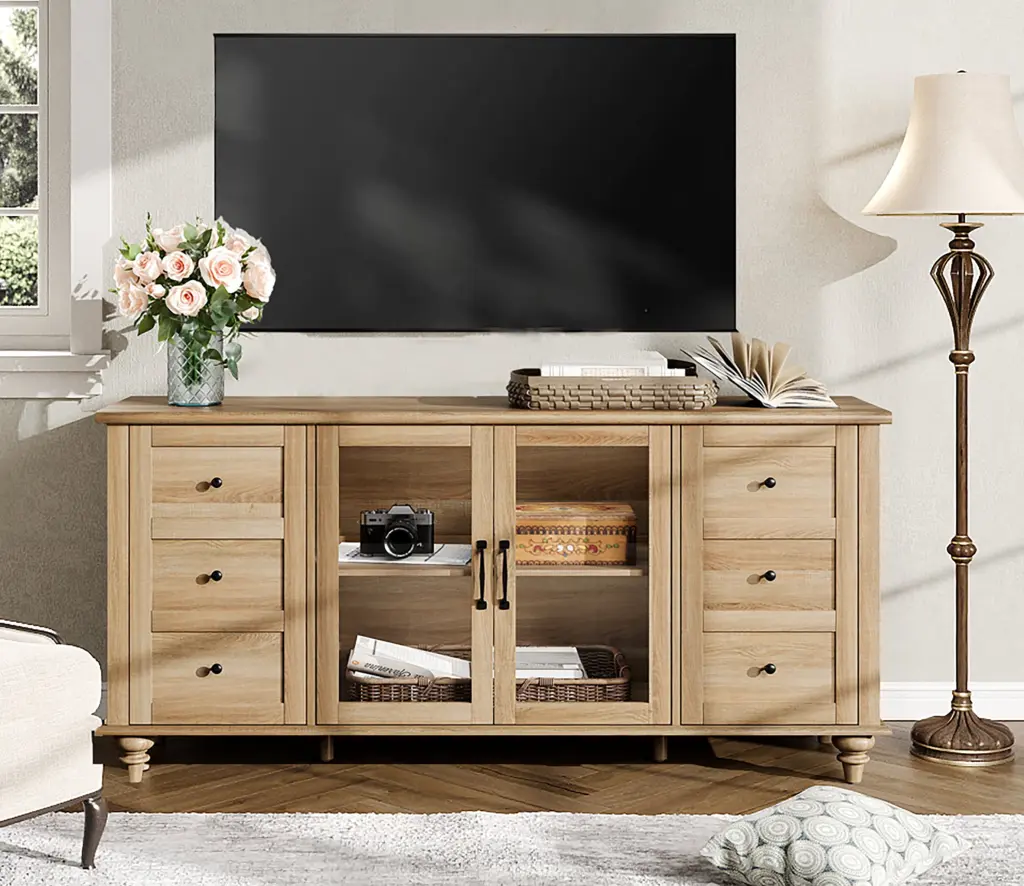 WAMPAT Glass Door Farmhouse TV Stand TVs Up to 75 inch Wood Universal TV Console Table 4 Storage Cabinets Oak