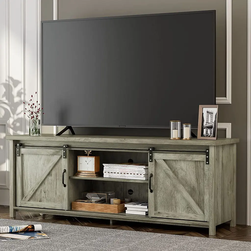 Farmhouse TV Stand 65 Inch TVs Modern Entertainment Center Sliding Barn Door Wooden Console Storage YAKEY