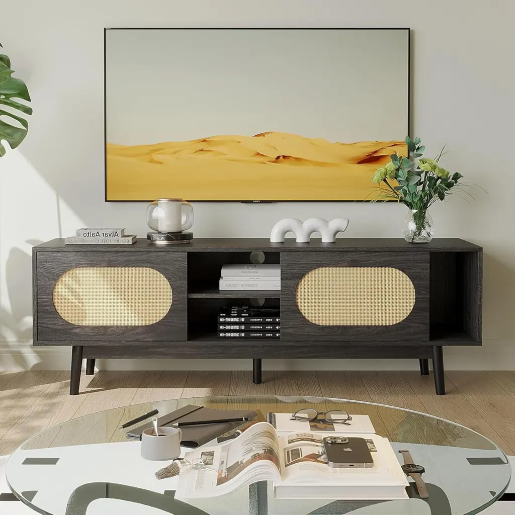 YOJFOTOOU Farmhouse Rattan TV Stand 55-65 Inch TV Modern Entertainment Center Natural Rattan Door and 2 Shelves Dark Brown...