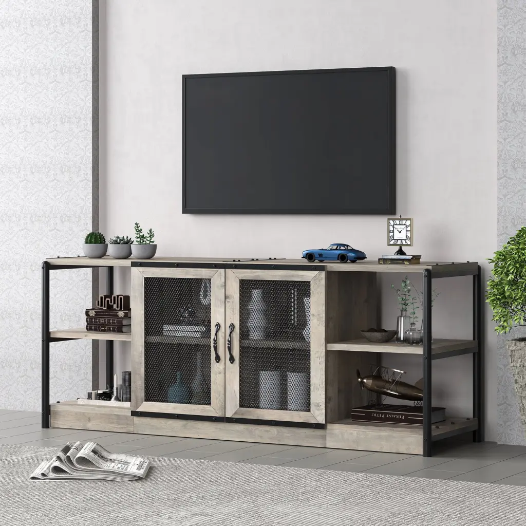 Wood TV Stand Farmhouse Mesh Barn Door Media Center TV Cabinet Shelves Zzistar
