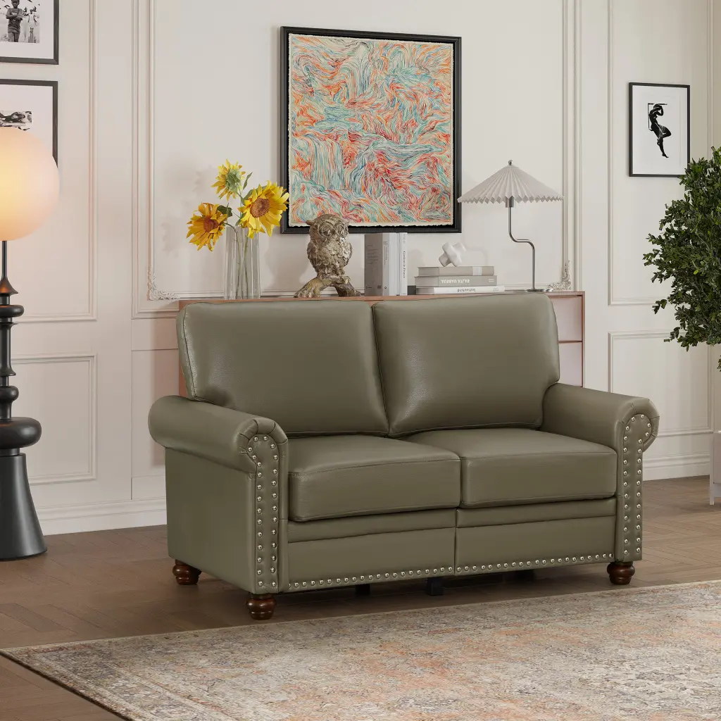 Living Room Sofa Loveseat Chair Taupe Faux Leather Grey Foam PU Leather hdf store