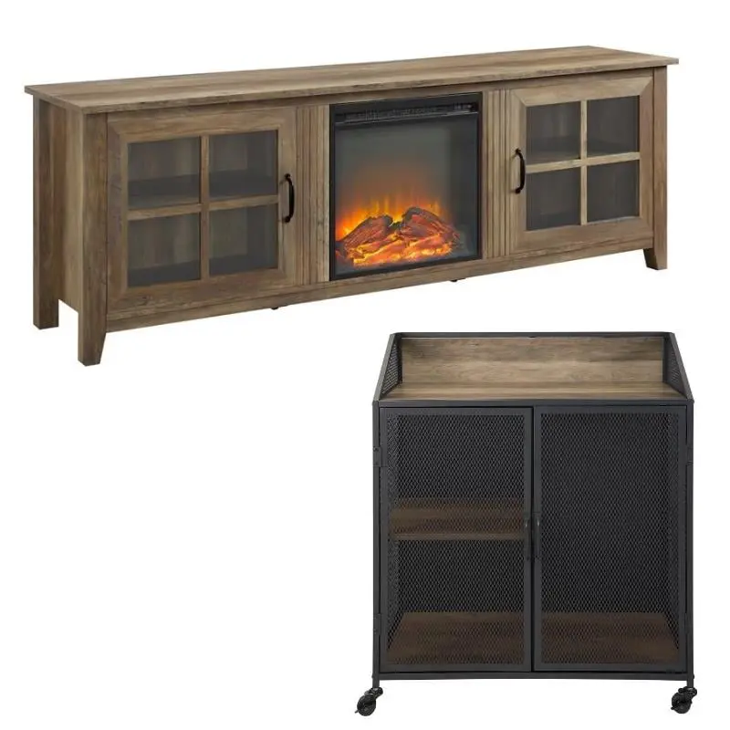 Home Square 2 Piece Set 70 Fireplace TV Stand and Bar Cabinet Oak