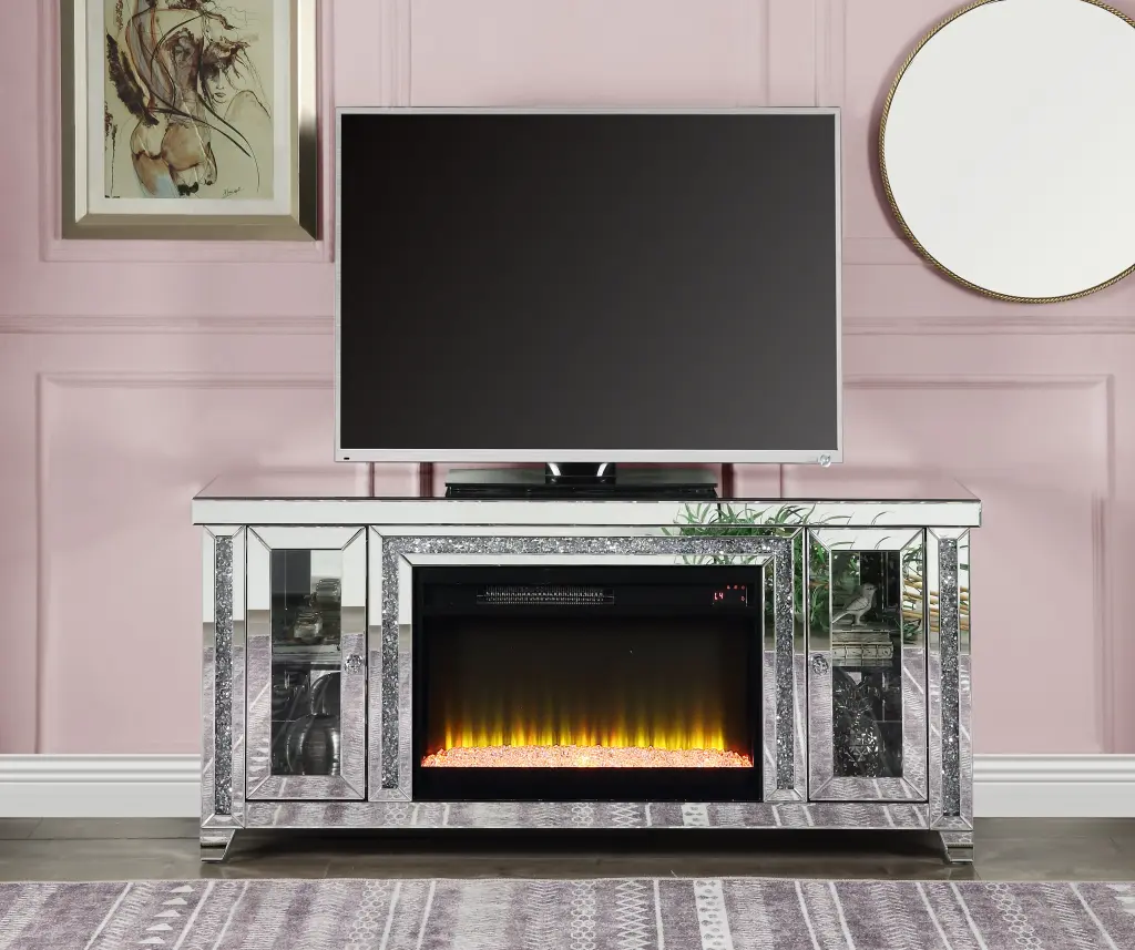 Noralie TV Stand Fireplace LED Mirrored Back and Faux Gemstones LV00315 SI acme onsite store