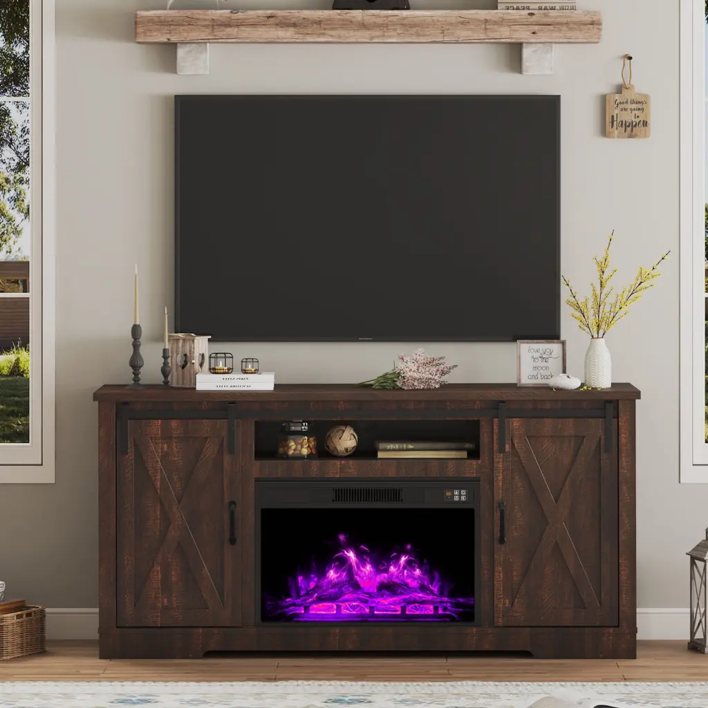 AMERLIFE 63 Inch Fireplace TV Stand Sliding Barn Doors and Adjustable Shelves - Reclaimed Barnwood Entertainment Center