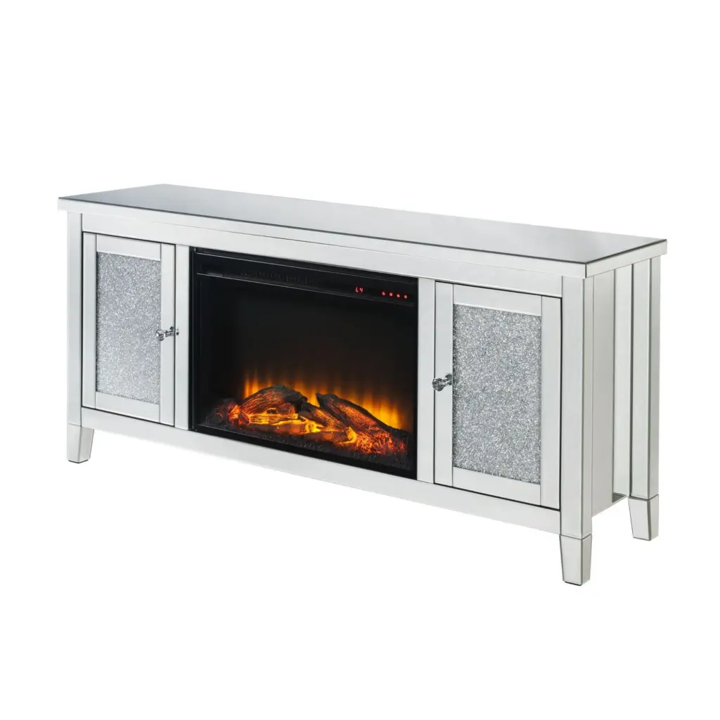 TV Stand Electric Fireplace and Mirror Panel Framing - Silver Modern Entertainment Center Convenience Concepts