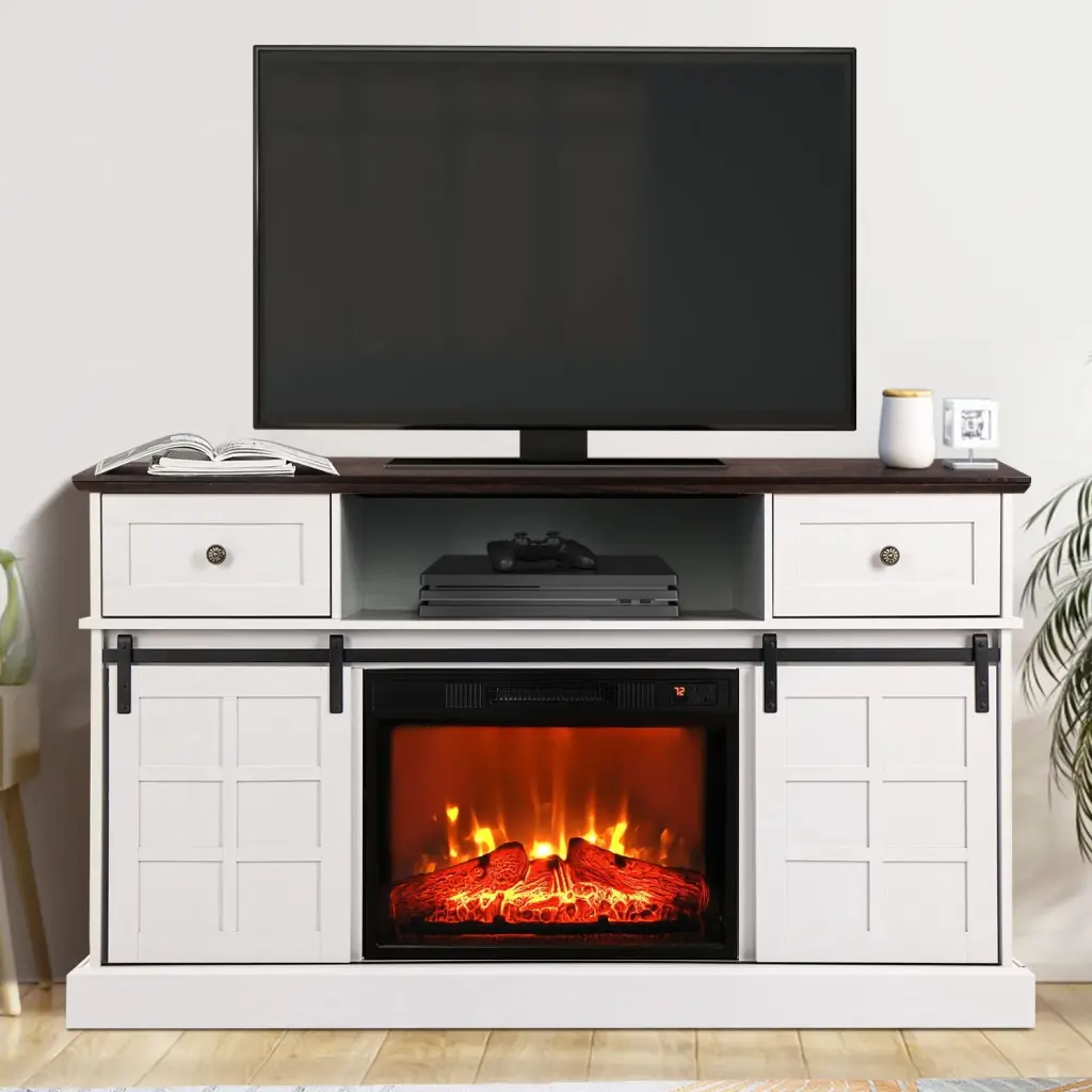 Duerer White Fireplace TV Stand Sliding Barn Door 65 Inch TVs