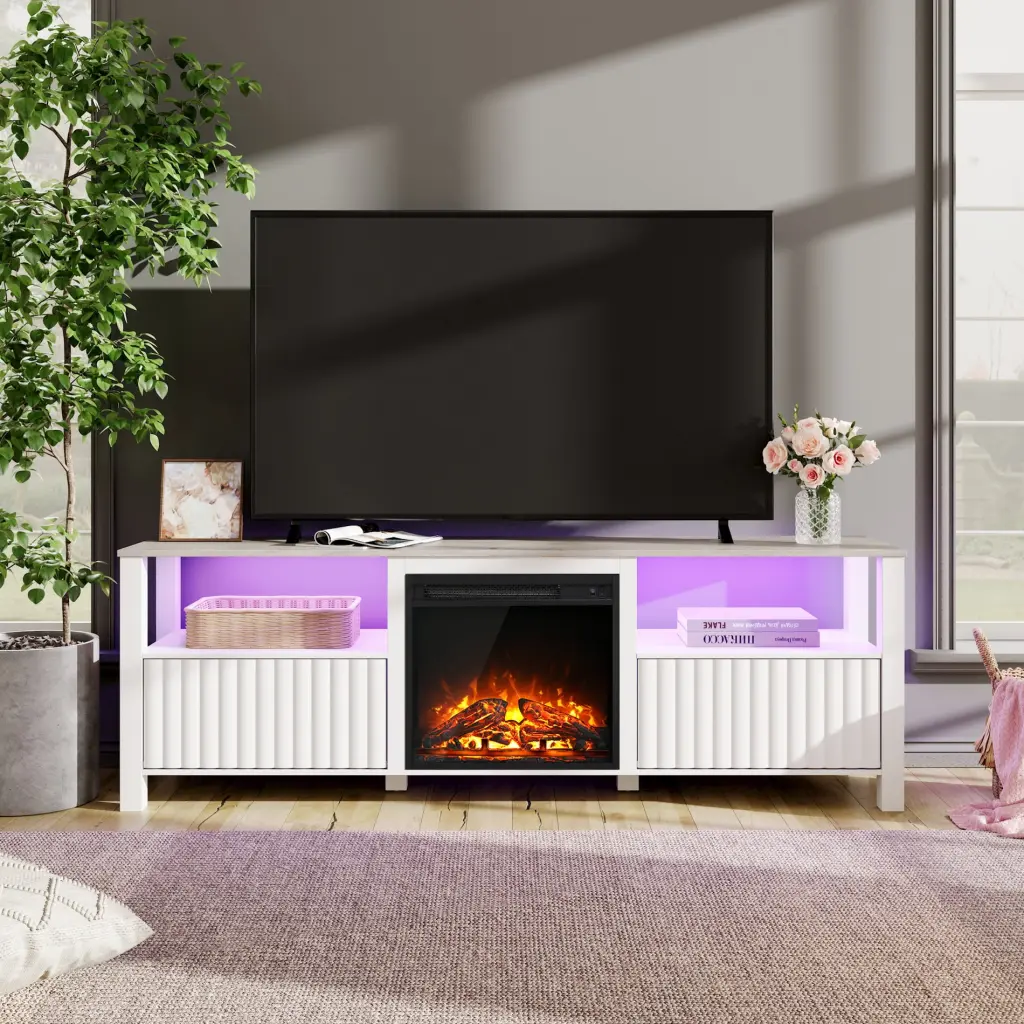 Farmhouse Fireplace TV Stand 75 Inch TV LED Light Wood Entertainment Center Electric Fireplace White FITUEYES