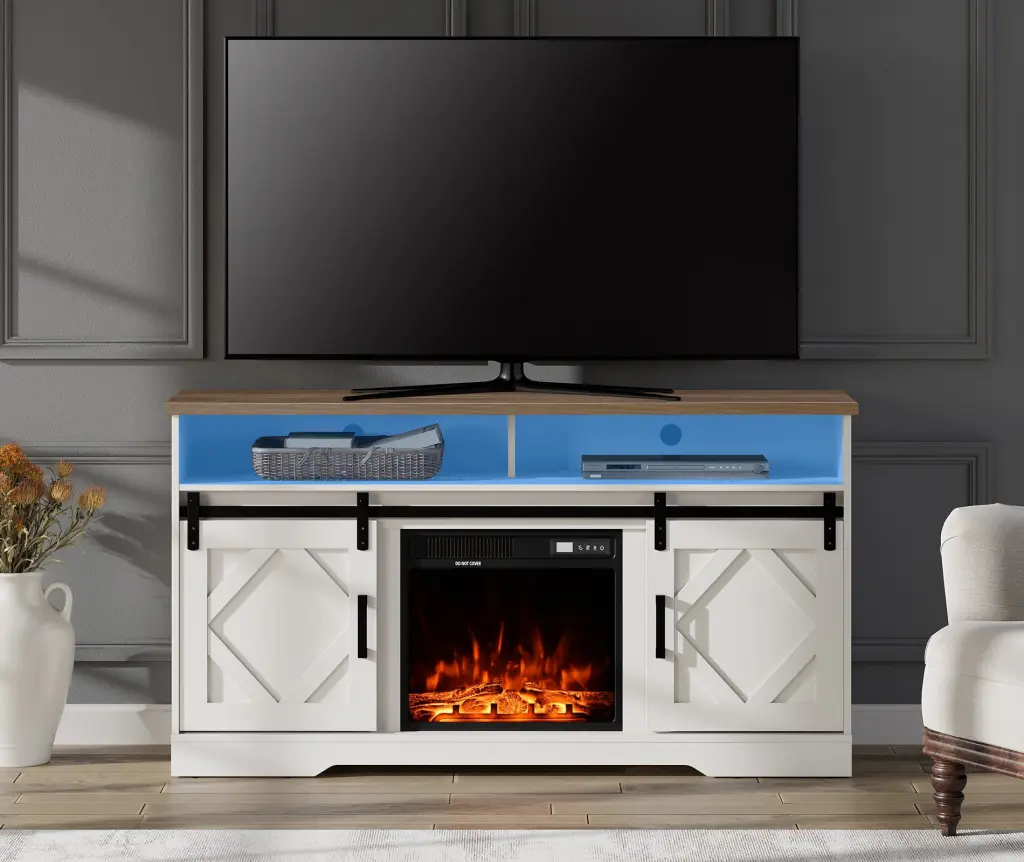 Farmhouse Wood Electric Fireplace TV Stand 65 Inch TVs Sliding Barn Doors and Storage FITUEYES