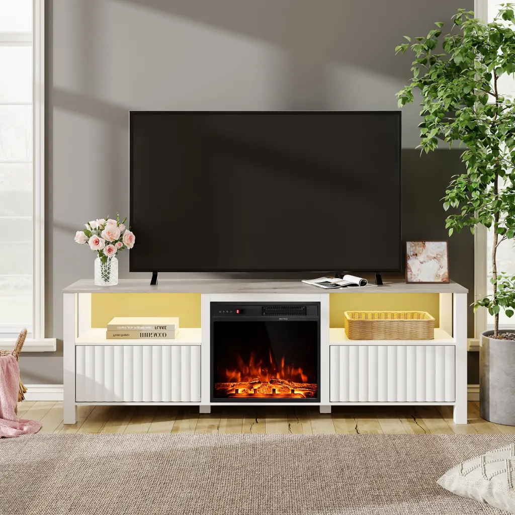 Fireplace TV Stand 75 Inch TVs Electric Fireplace White Entertainment Center FITUEYES