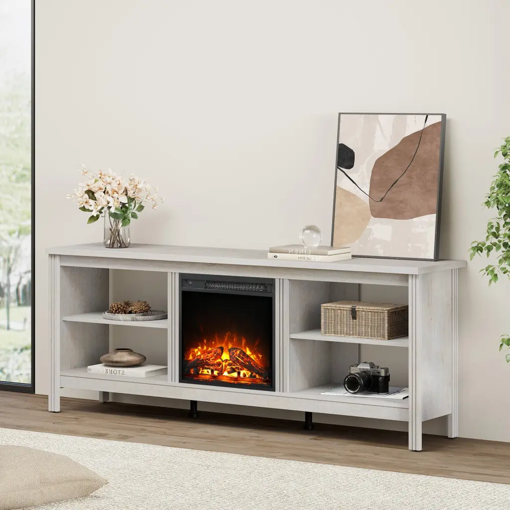 Fireplace TV Stand 75 Inch TV White Entertainment Center 6 Storage Cabinets FITUEYES
