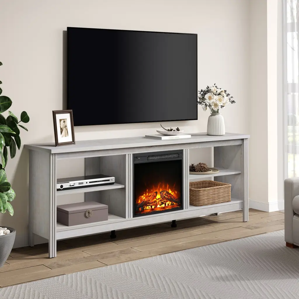 Fireplace TV Stand 75 Inch TV Wood Entertainment Center 6 Storage Cabinets Living Room Bedroom White 70 Inch FITUEYES