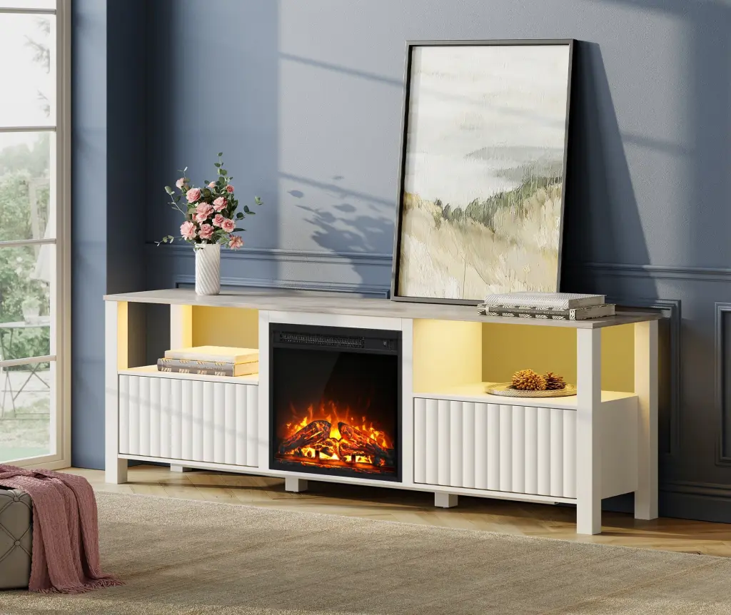 Fireplace TV Stand 75 inch TV Yellow LED Light White TV Console Table Storage Cabinets FITUEYES